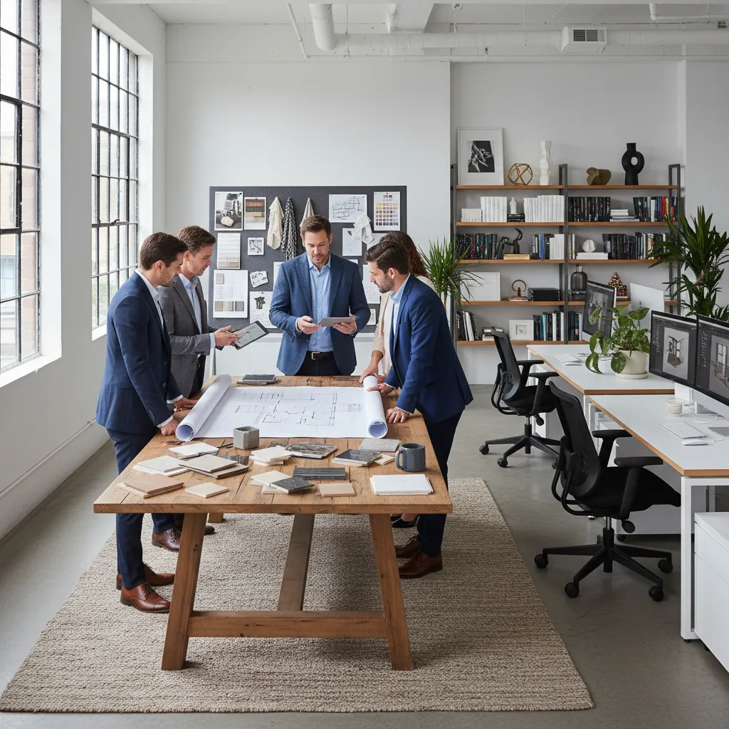Estudio de diseño trabajando con planos y modelos de interiorismo