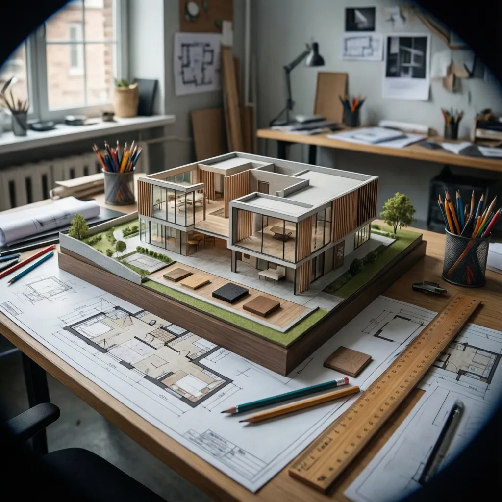 Mesa de trabajo con maqueta arquitectónica, planos y materiales de interiorismo