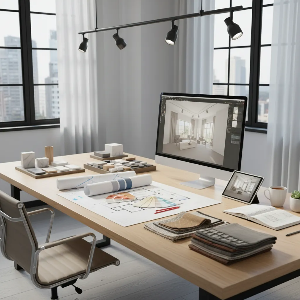 mesa de trabajo con muestras de materiales y planos de interiorismo