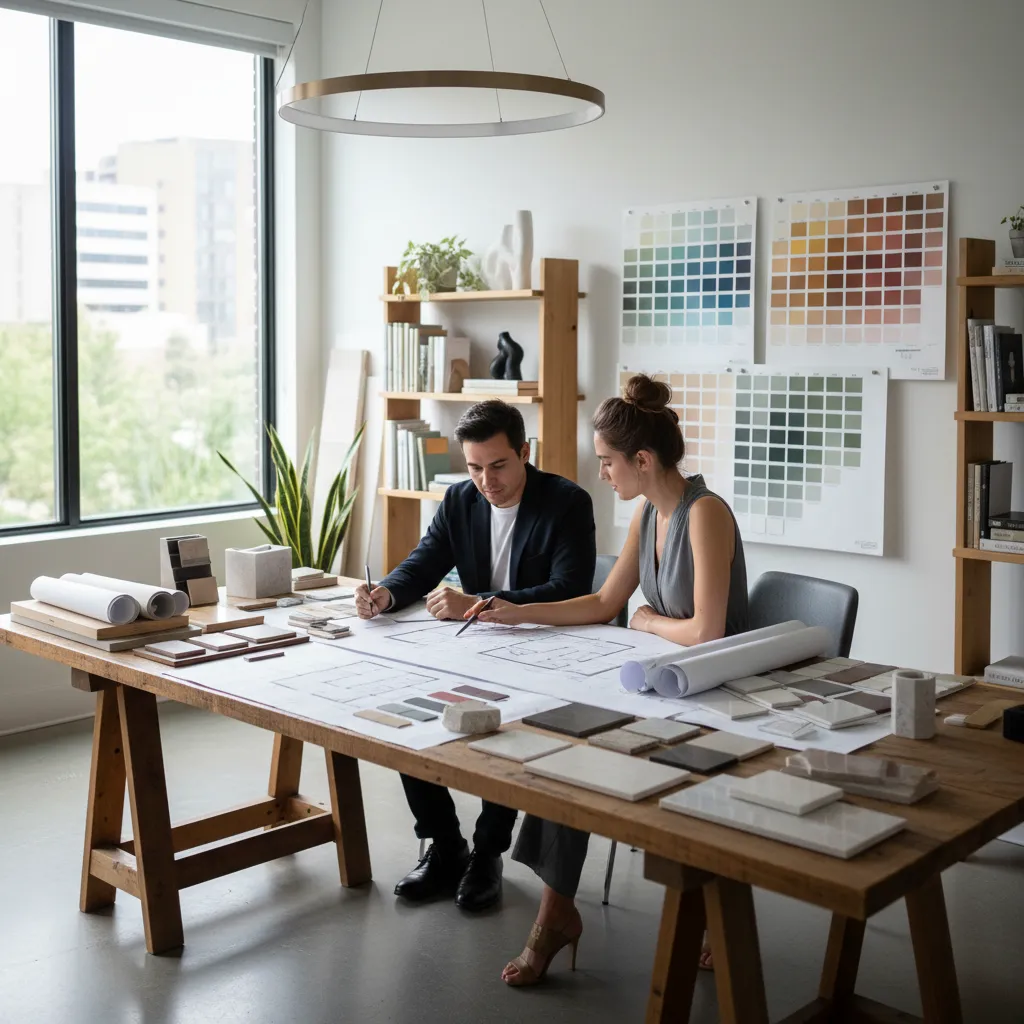 Mesa de trabajo con muestras de materiales y planos de diseño interior