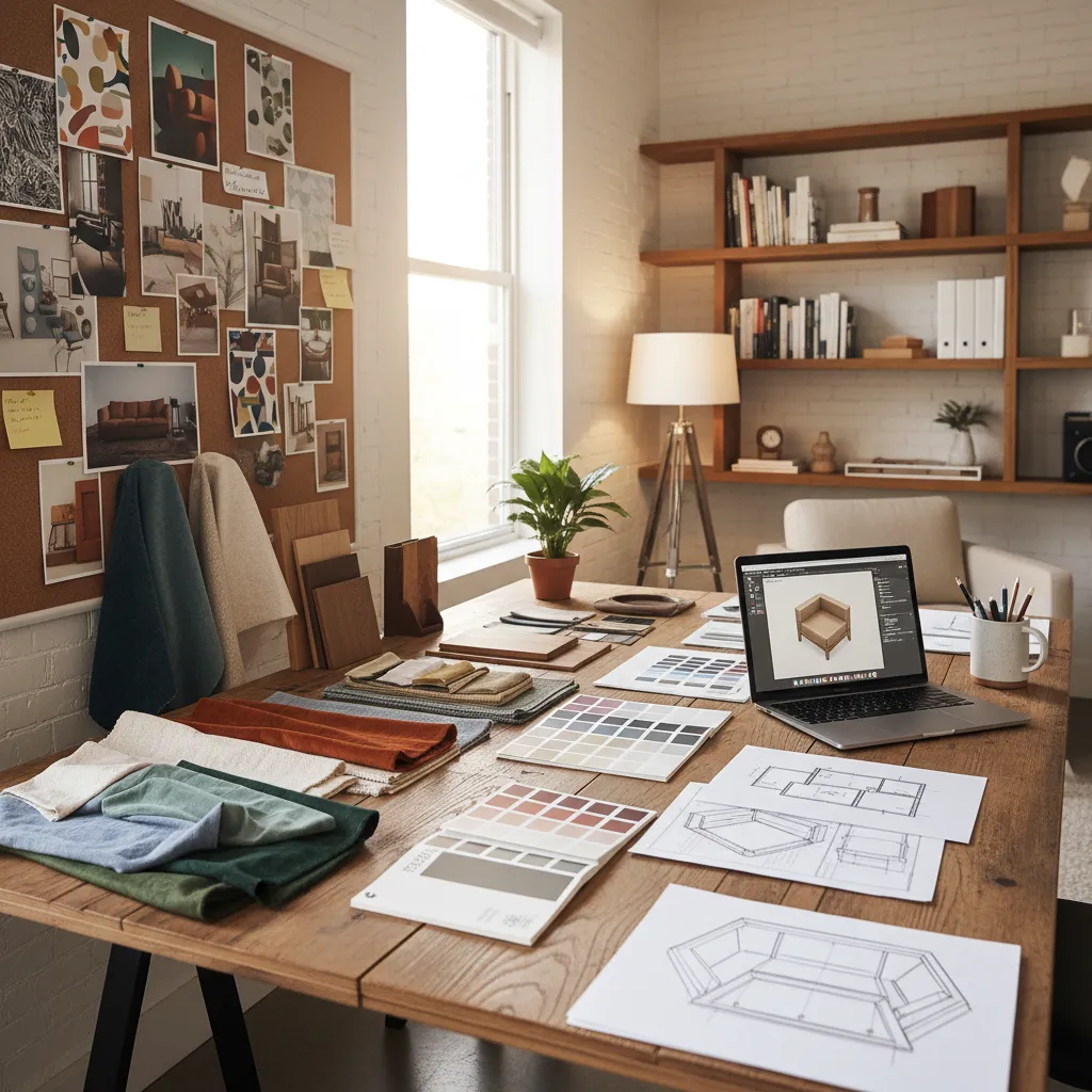 Interior design workspace with fabric samples color palettes laptop showing furniture model and wall pictures