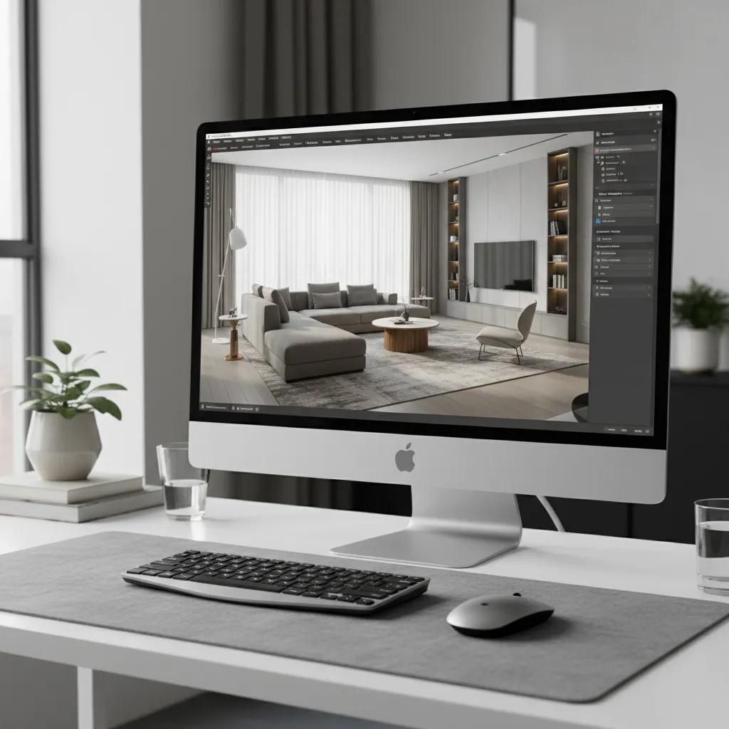 Computer monitor showing Coohom interior design drawing of a modern living room with grey sofa