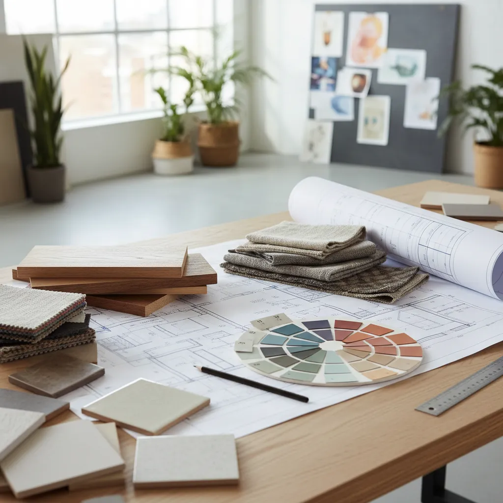 Mesa de trabajo con planos de interiorismo, muestras de materiales y herramientas de diseño