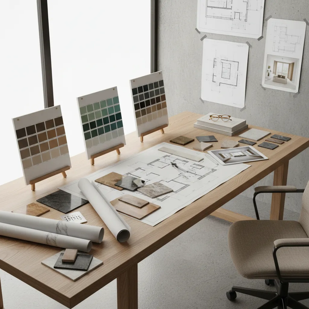 Proceso de diseño interior con planos y muestras de materiales