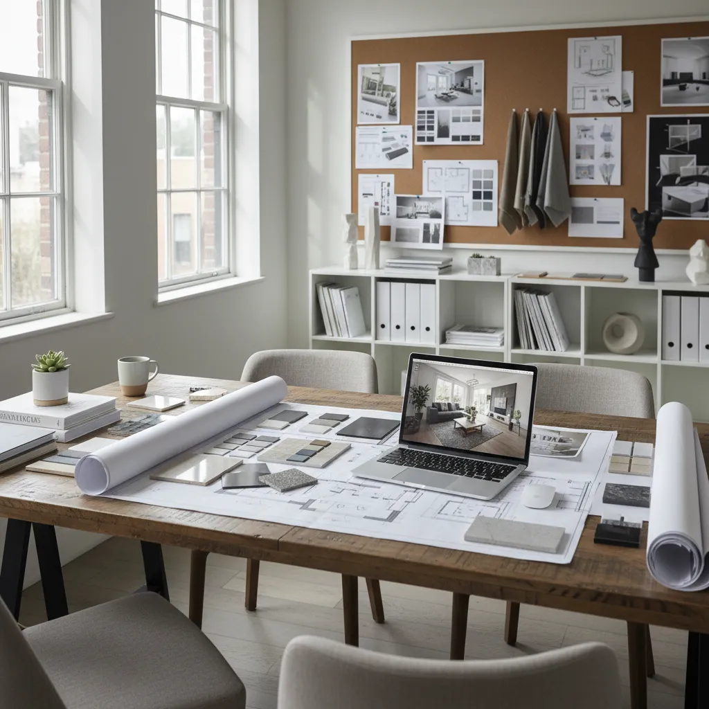 Wooden table with room layout paper drawings laptop material samples and cork board design plans