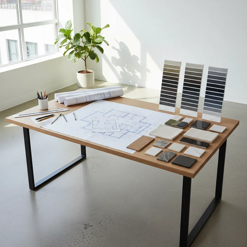 Wooden table with floor plan drawings color swatches stone samples and pencils for interior design