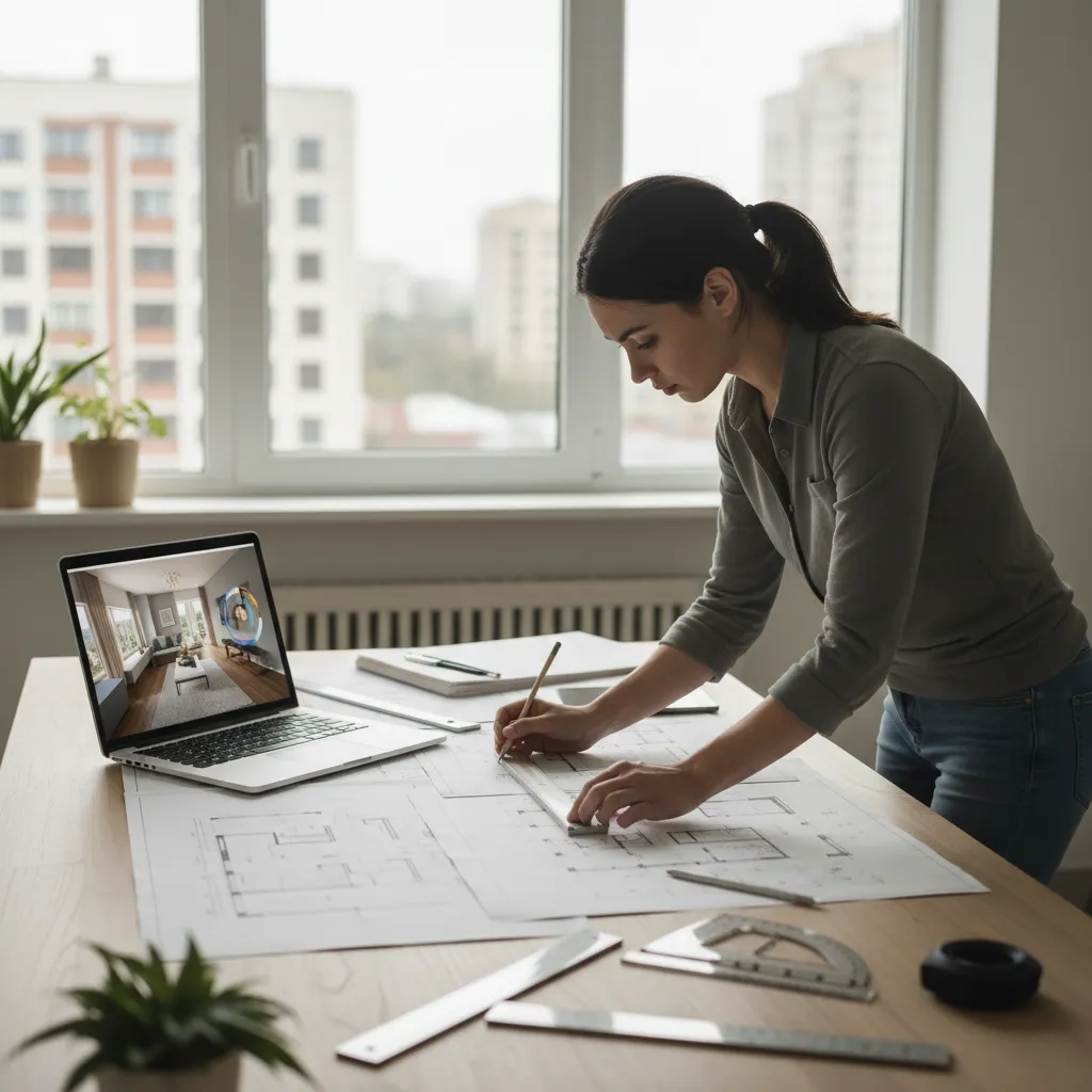 Diseñador revisando planos de distribución en mesa de trabajo