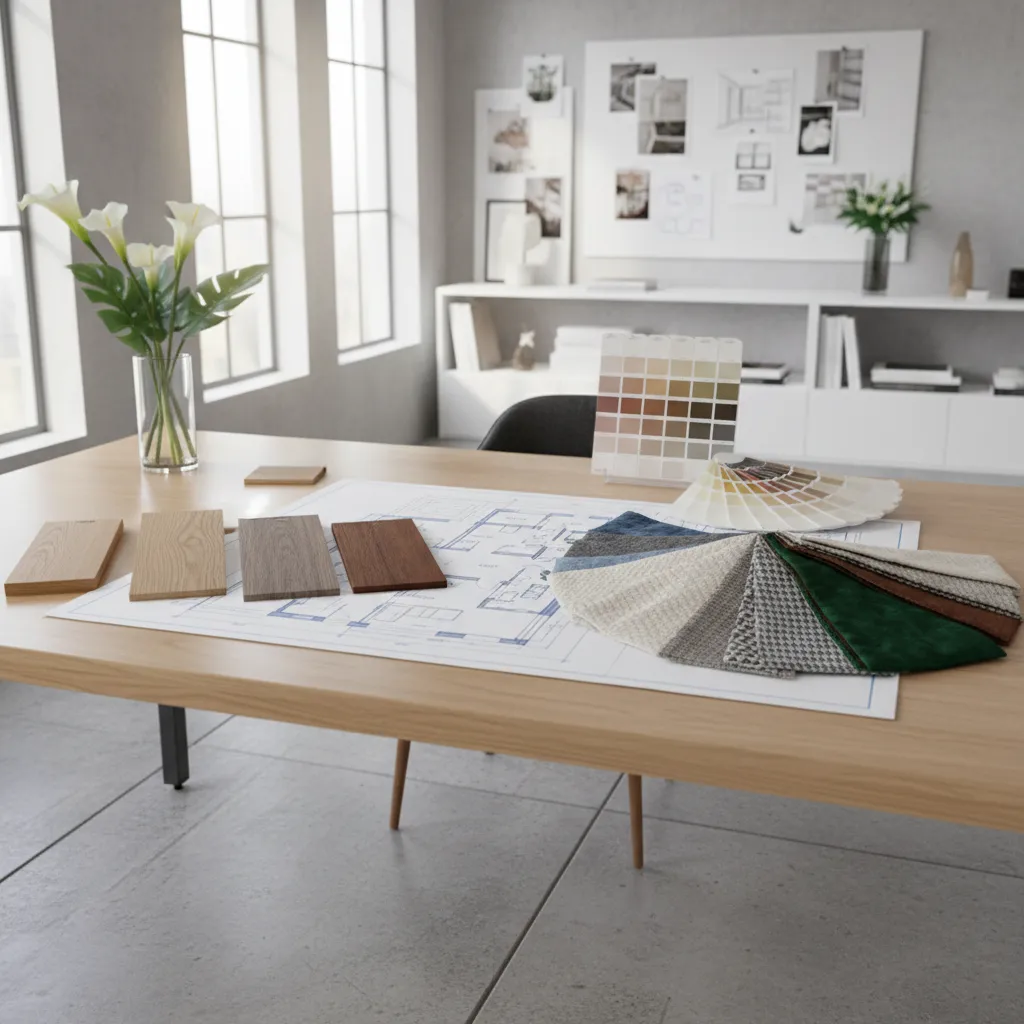 Planos de interiorismo con muestras de materiales sobre una mesa
