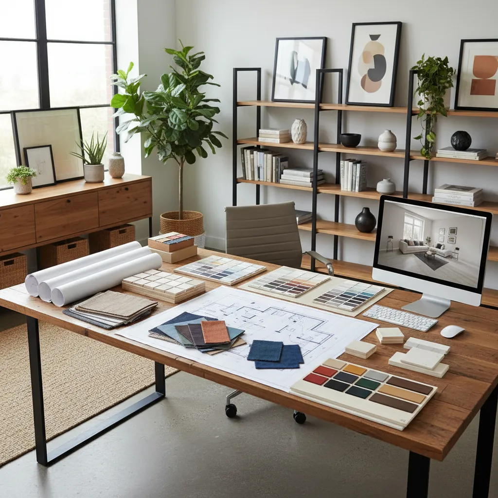 Proceso profesional de diseño interior con muestras de materiales