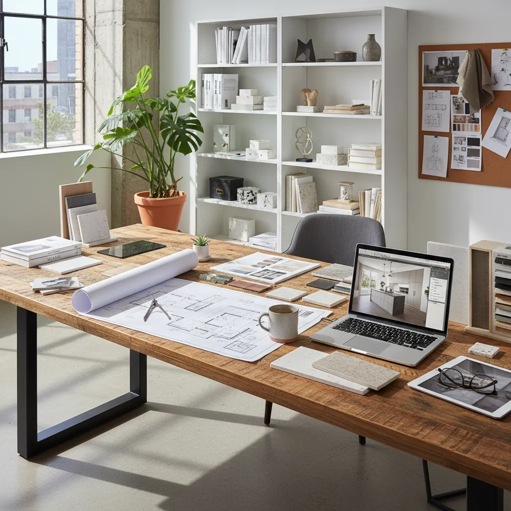 Proceso de diseño interior mostrando selección de materiales y plano de distribución