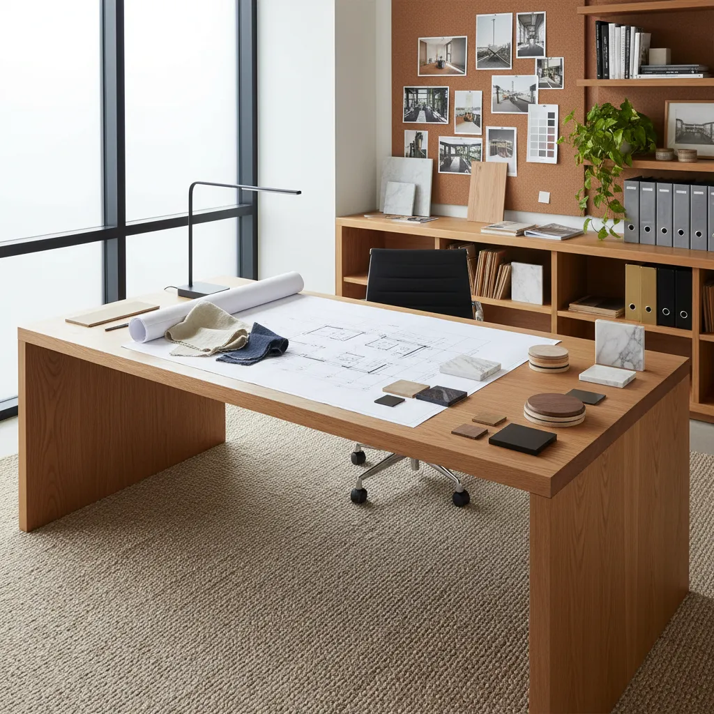 Diseñador de interiores analizando planos y muestras de materiales en una mesa de trabajo