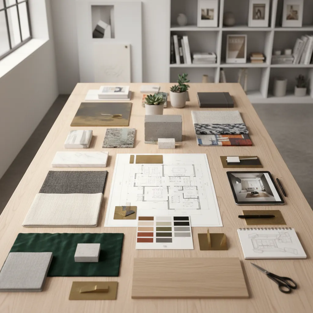 Proceso de diseño de interiores con moodboard, planos y muestras de materiales
