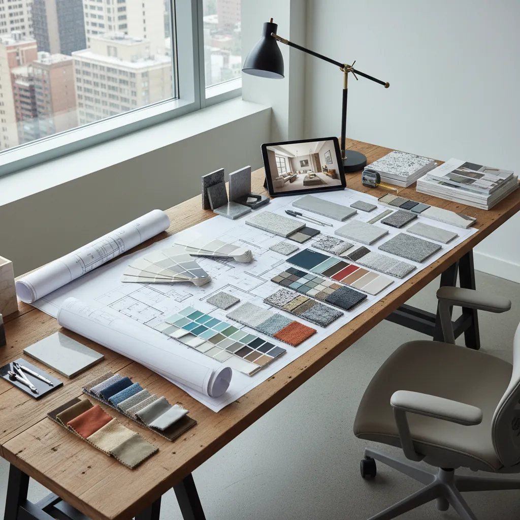 Proceso de diseño de interiores con muestras de materiales y planos