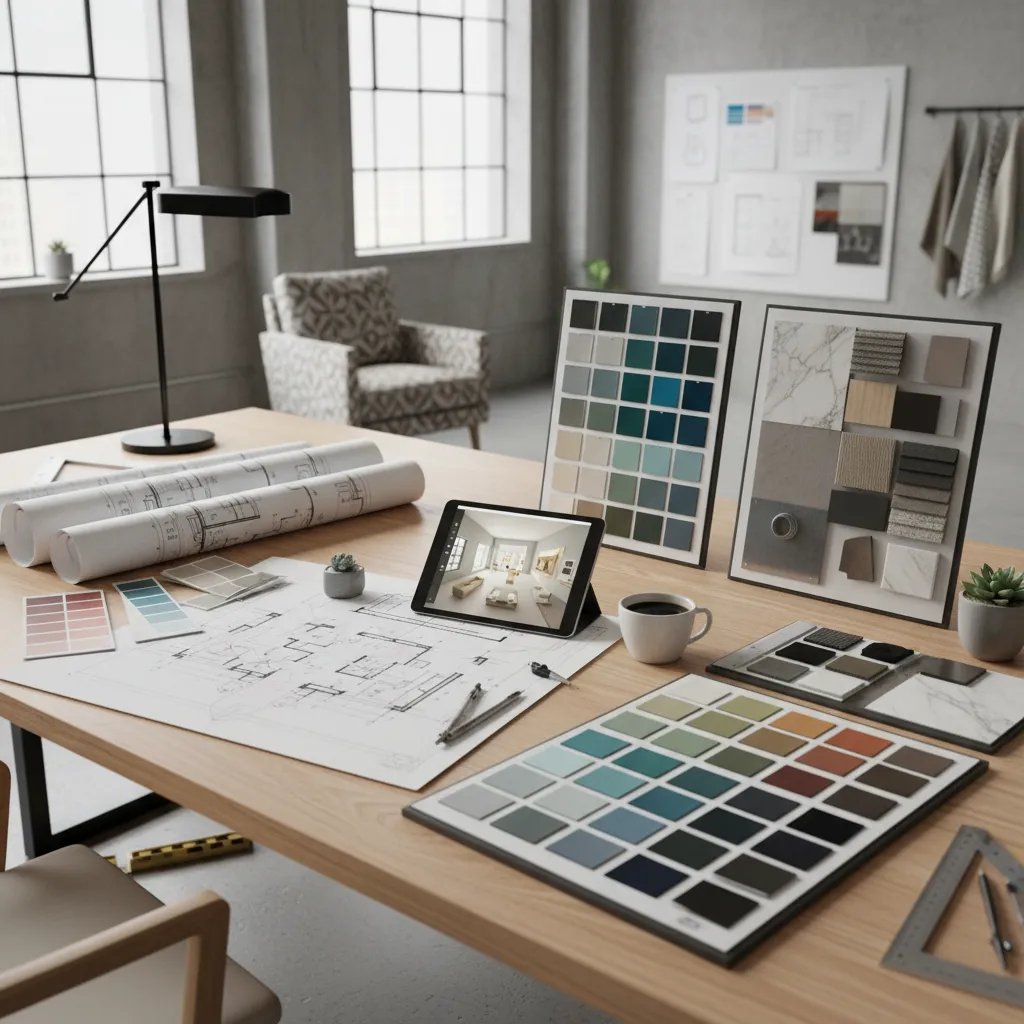 Proceso de diseño interior con planos, muestras y tablet