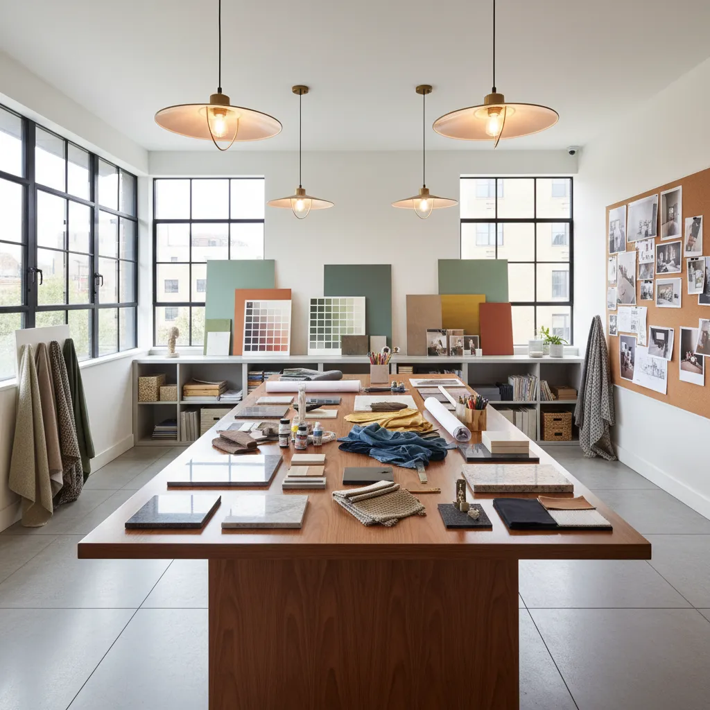 Interior design studio featuring fabric samples and color charts on a large wooden work table