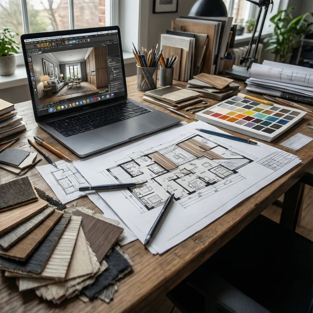 Proceso de diseño de interiores con bocetos planos y muestras de materiales