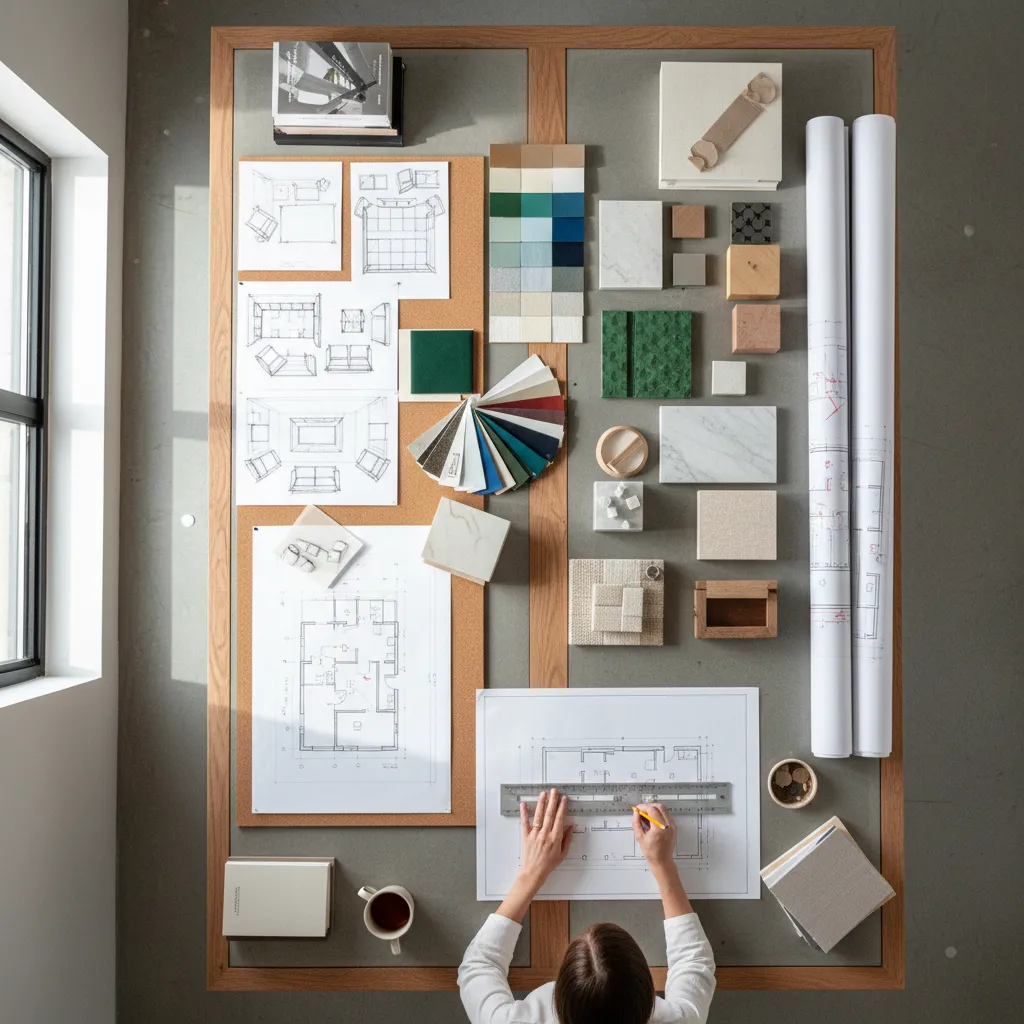 Proceso de diseño de interiores con bocetos, planos y muestras de materiales