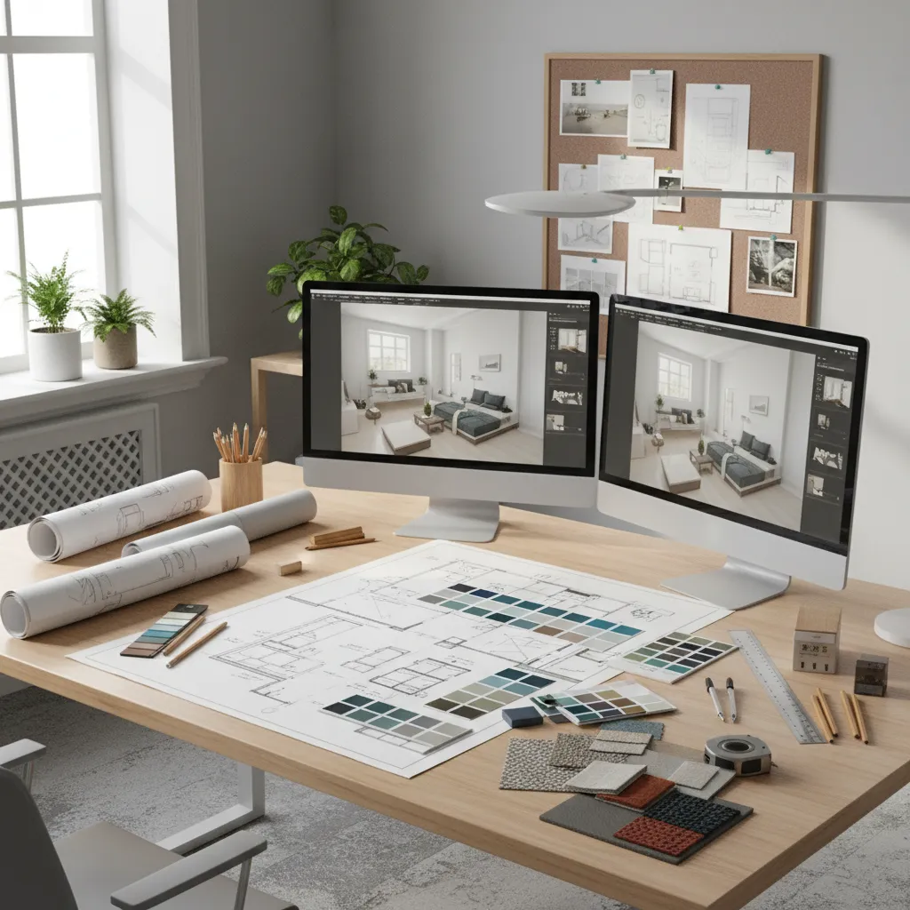 Proceso creativo de diseño de interiores con bocetos y materiales