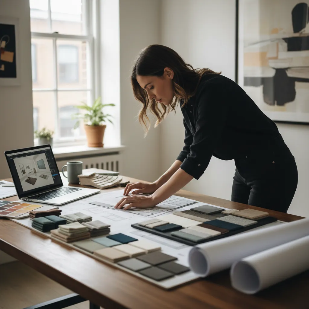Female designer working on room layout with fabric samples laptop and paper rolls on desk