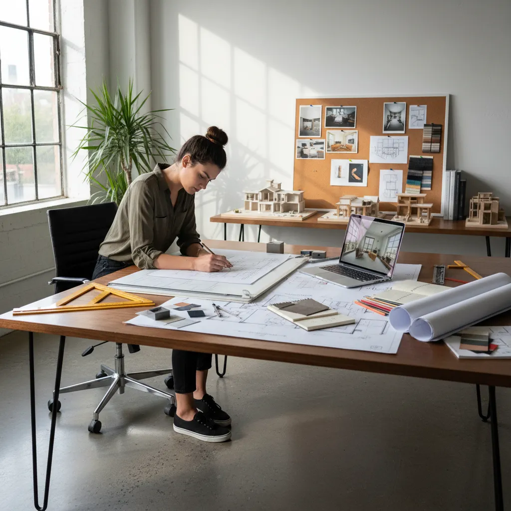 Diseñador trabajando en planos y bocetos de interiorismo