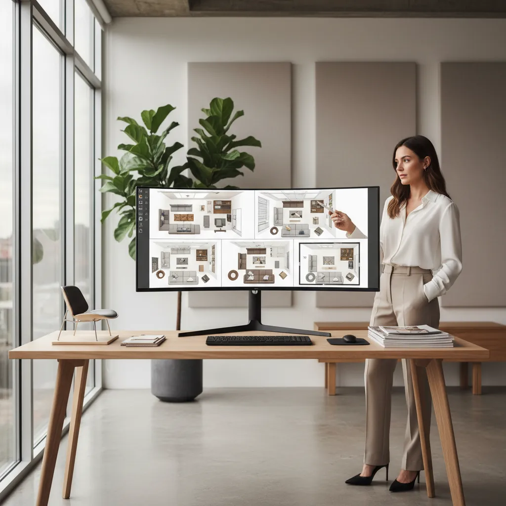 Woman pointing at a monitor displaying four different room layout designs on a wooden desk