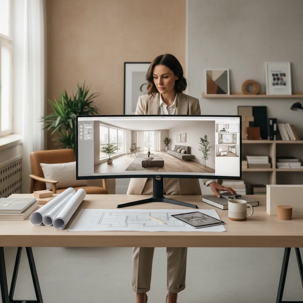 Diseñador revisando un plano digital y una visualización 3D del mismo espacio