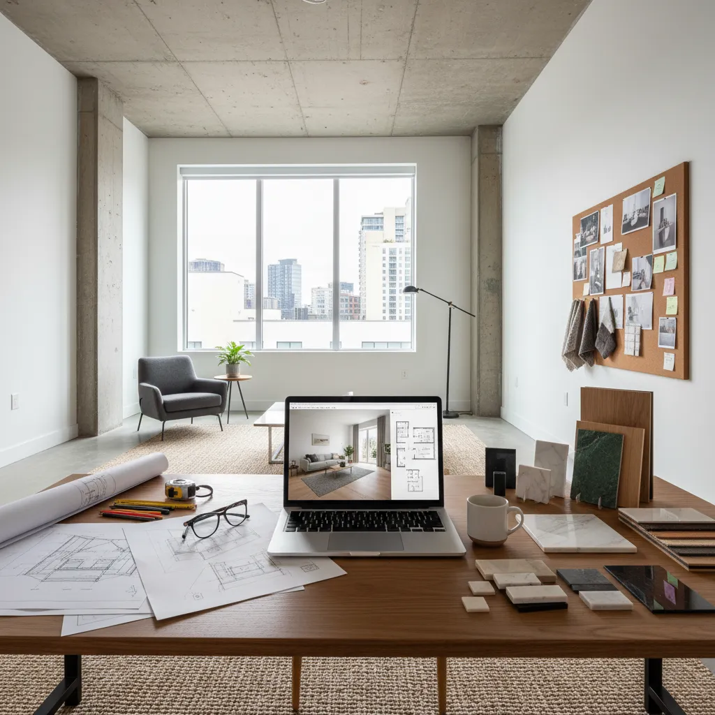 Proceso digital de diseño interior con planos y modelo 3D en pantalla