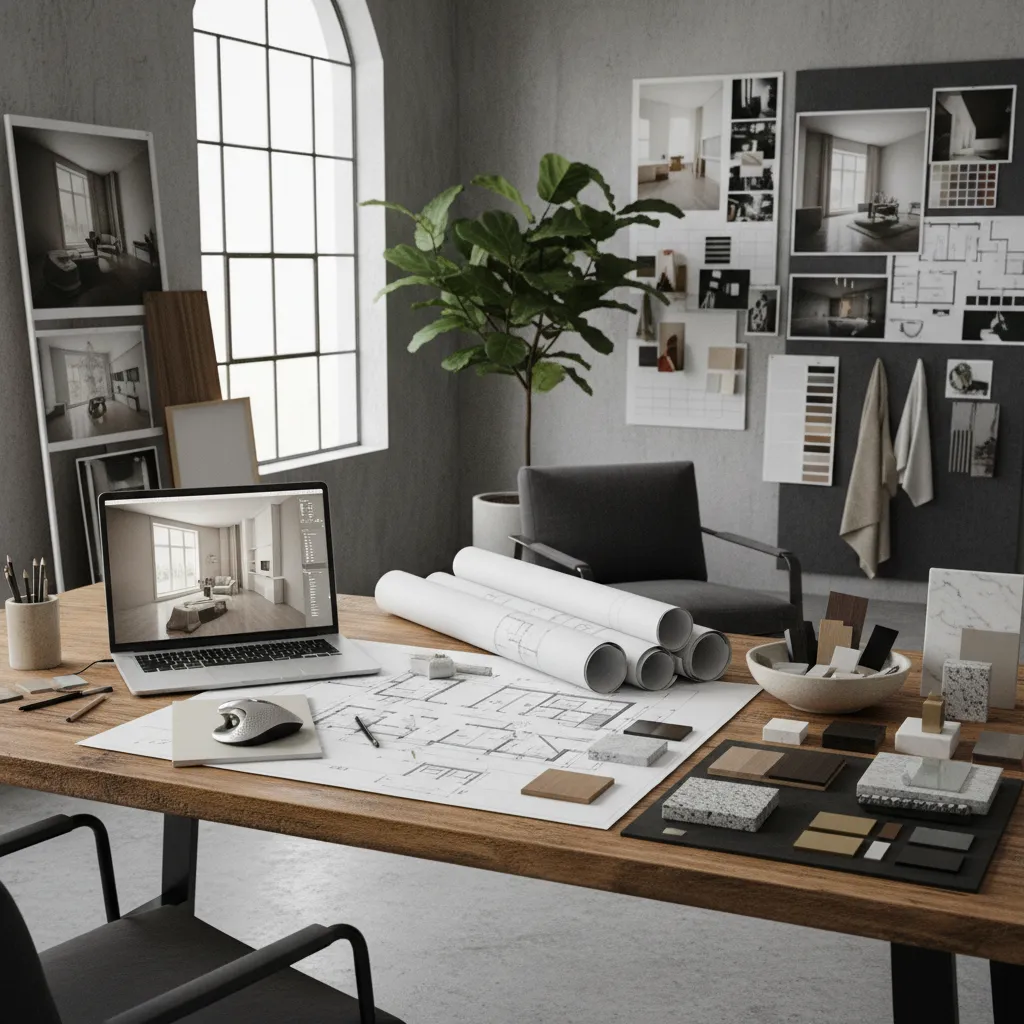 Proceso digital de diseño de interiores con planos y modelo 3D