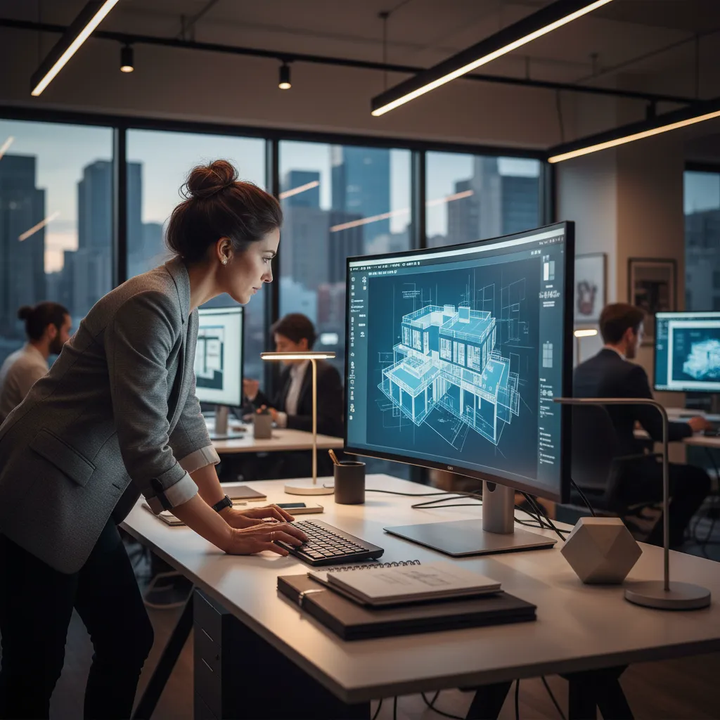 Diseñador revisando plano digital en pantalla grande