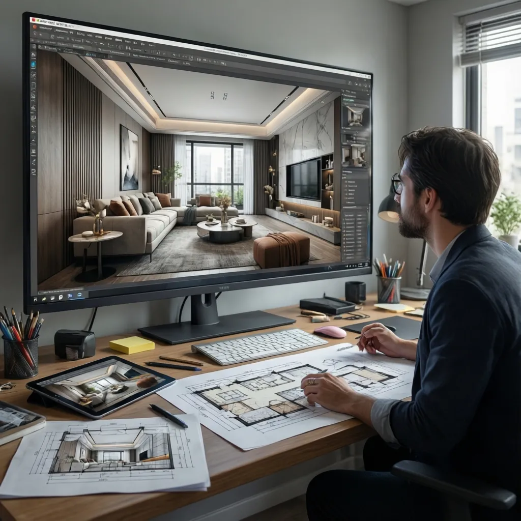 Diseñador revisando distribución de sala en pantalla con modelo 3D