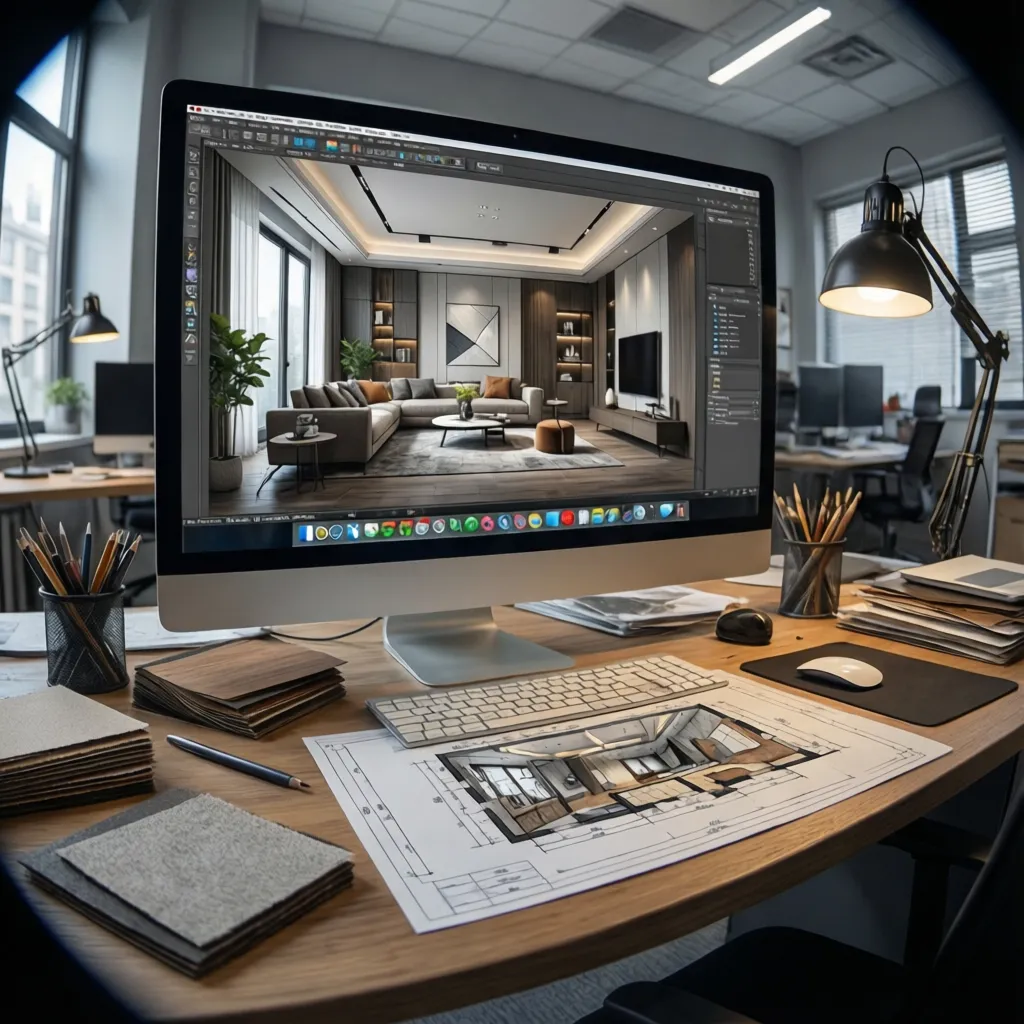 Diseñador revisando planos y visualización 3D en pantalla en un estudio de interiorismo