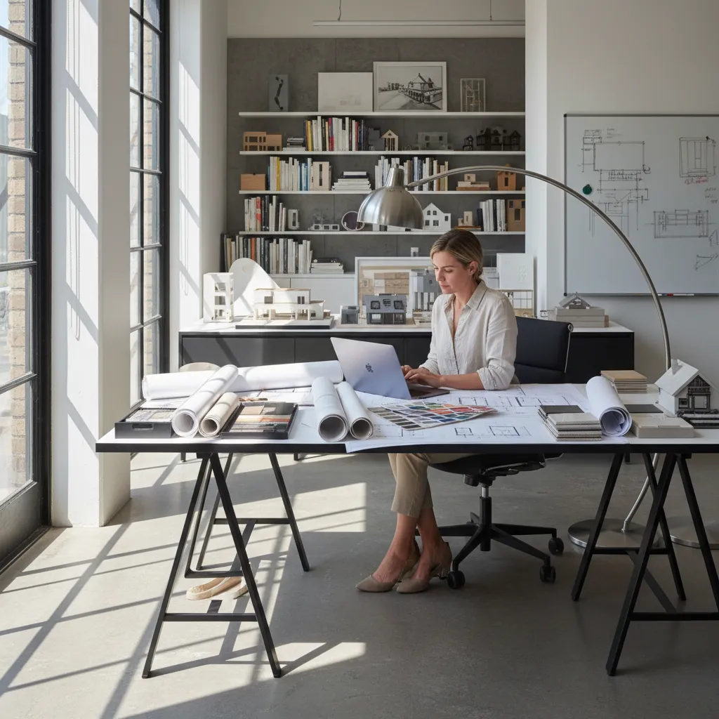 Interiorista trabajando en un proyecto de diseño de interiores con planos y ordenador