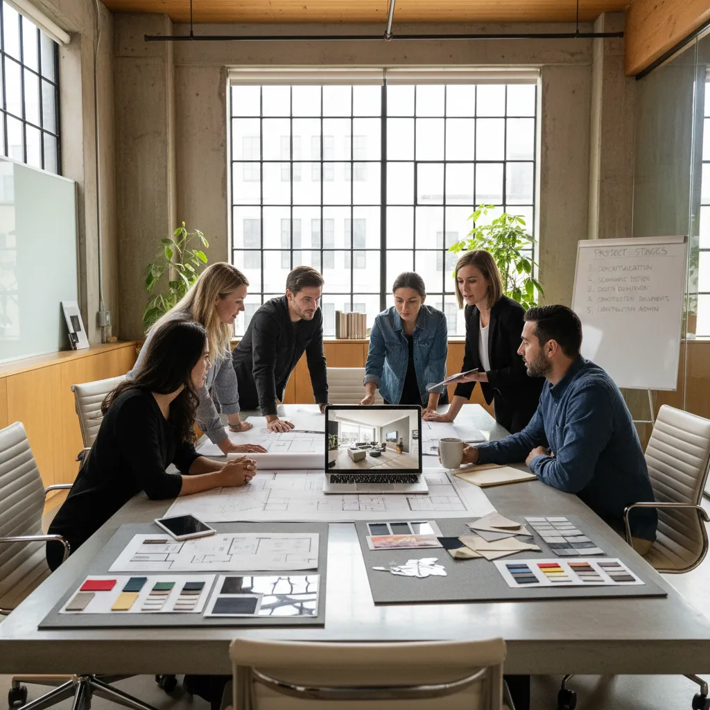 Professional design team discussing floor plans and interior design drawings on a laptop screen together