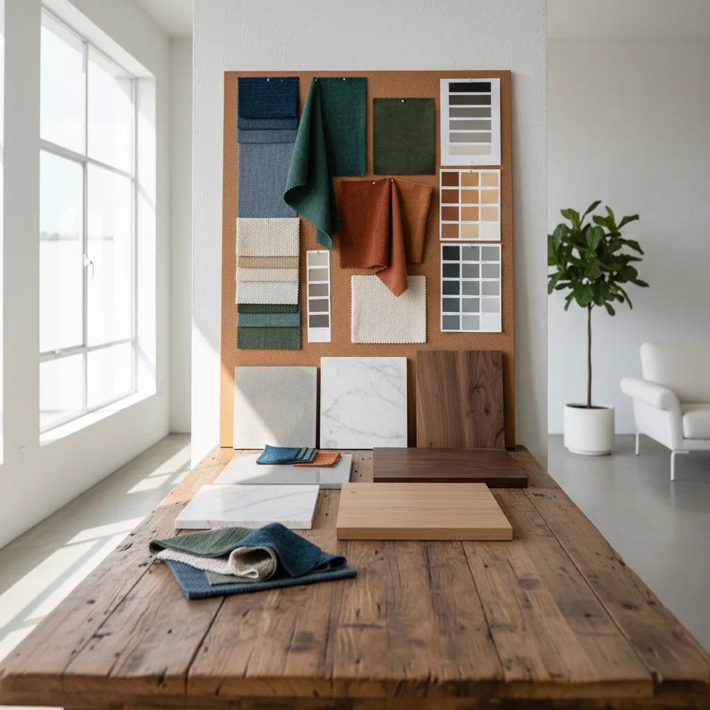 Interior design material board with fabric swatches color palettes wood samples and stone tiles displayed