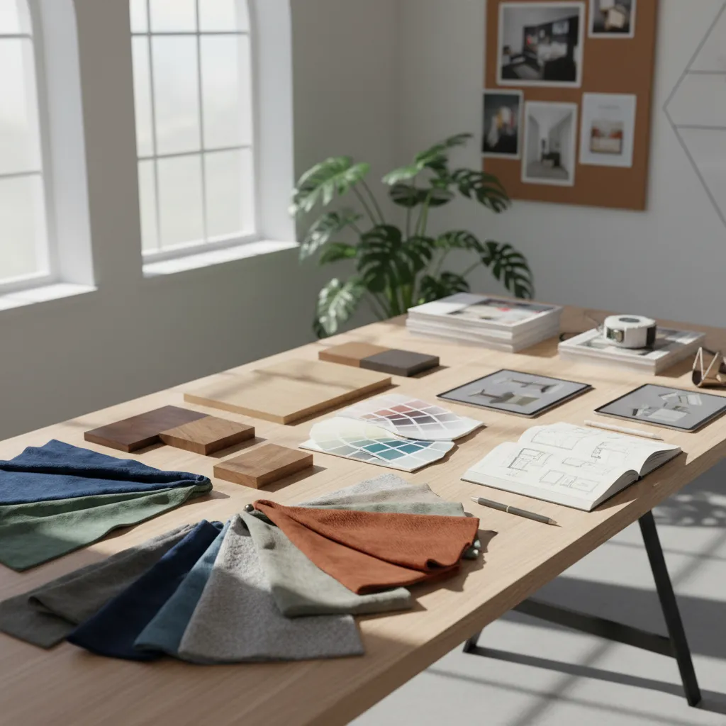 Mesa de trabajo con muestras de materiales, telas y paletas de color