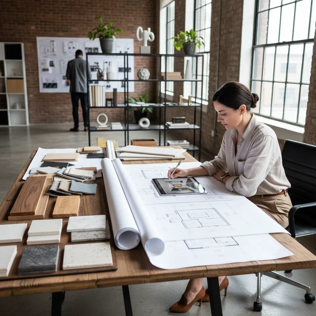 Diseñador de interiores trabajando con planos y muestras de materiales