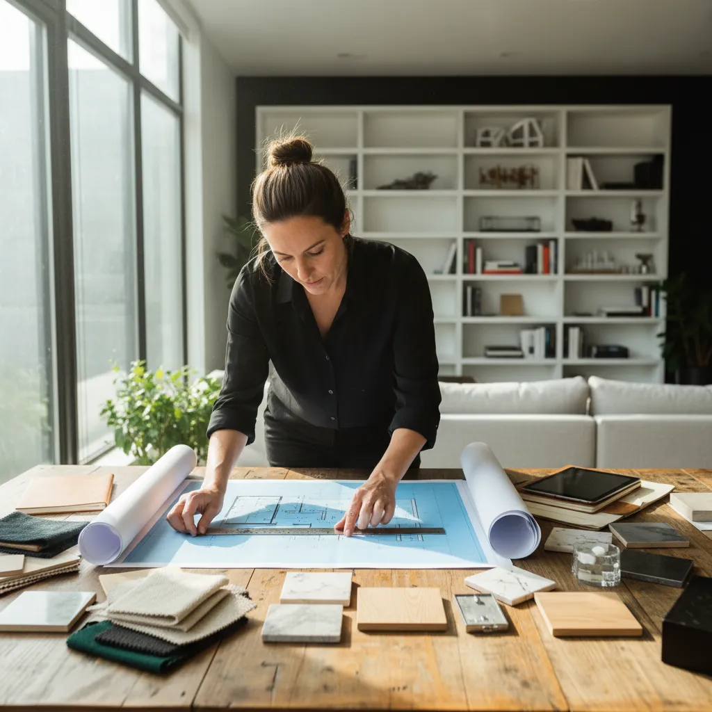 Female interior designer measuring blue floor plan with fabric and tile samples on wooden table