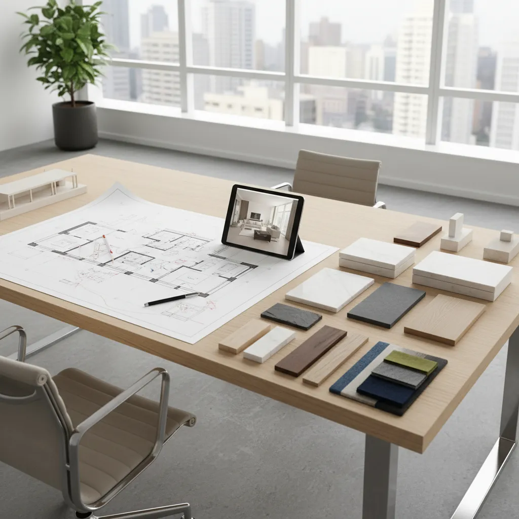 Plano de distribución de una vivienda junto a muestras de materiales y tablet con modelo 3D