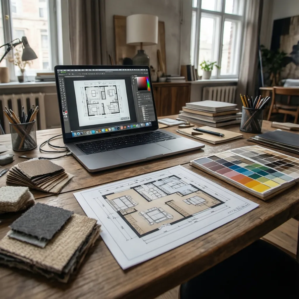 Wooden desk with a laptop showing a floor plan design, fabric samples, and color palette