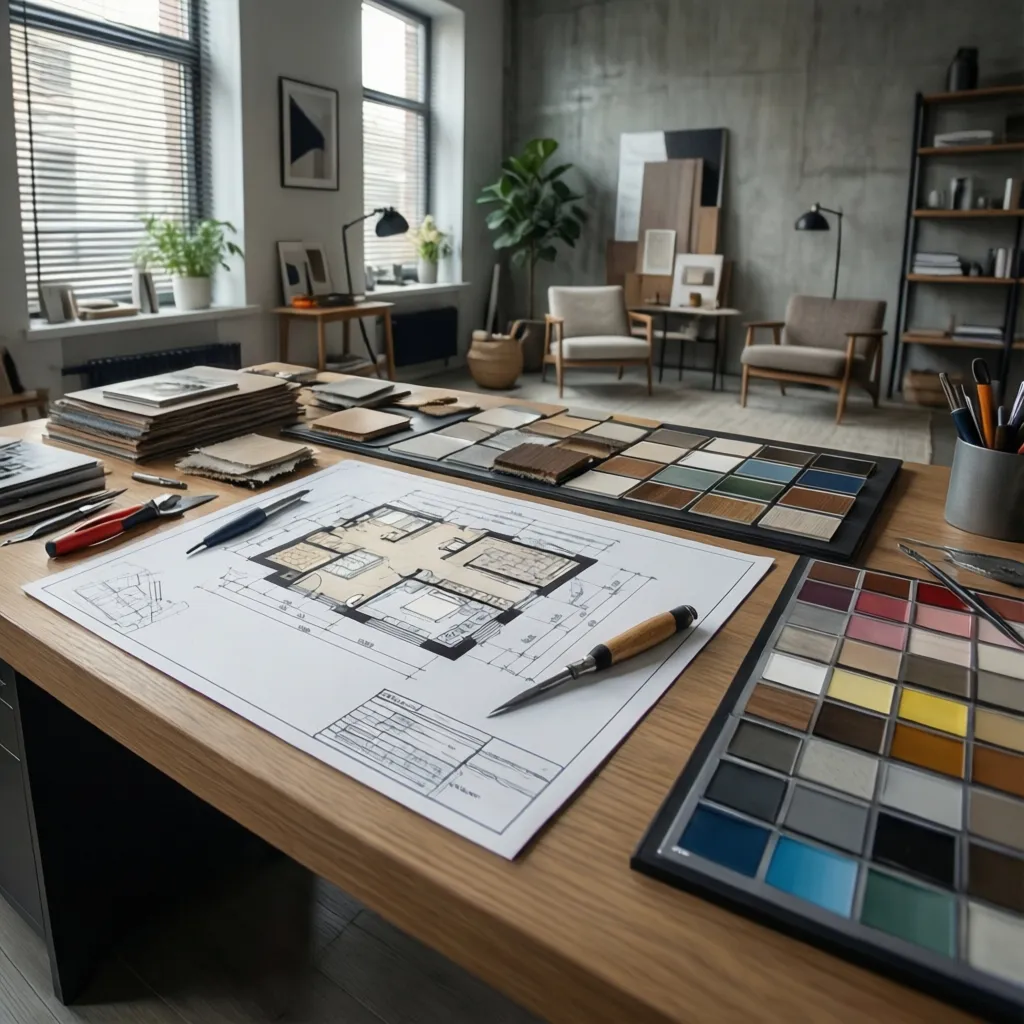 Mesa de trabajo con planos de interiorismo y muestras de materiales