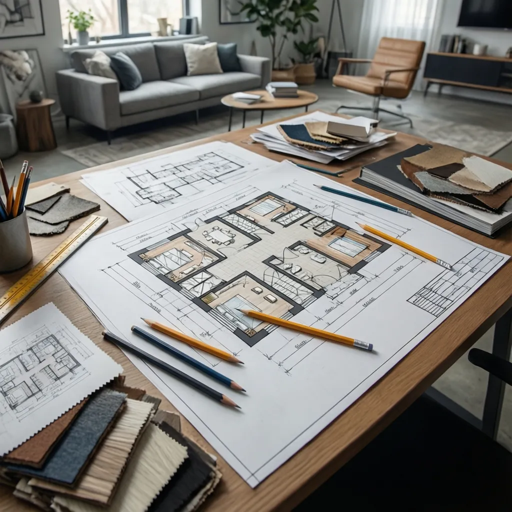 Wooden table with house floor plans pencils fabric samples and a grey sofa in background