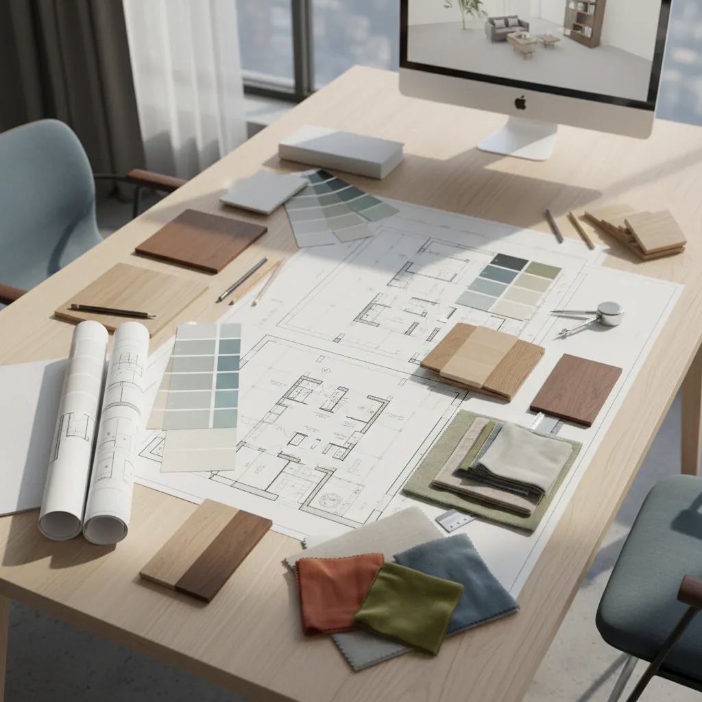 Planos de interiorismo con muestras de madera, telas y paleta de colores sobre mesa de trabajo