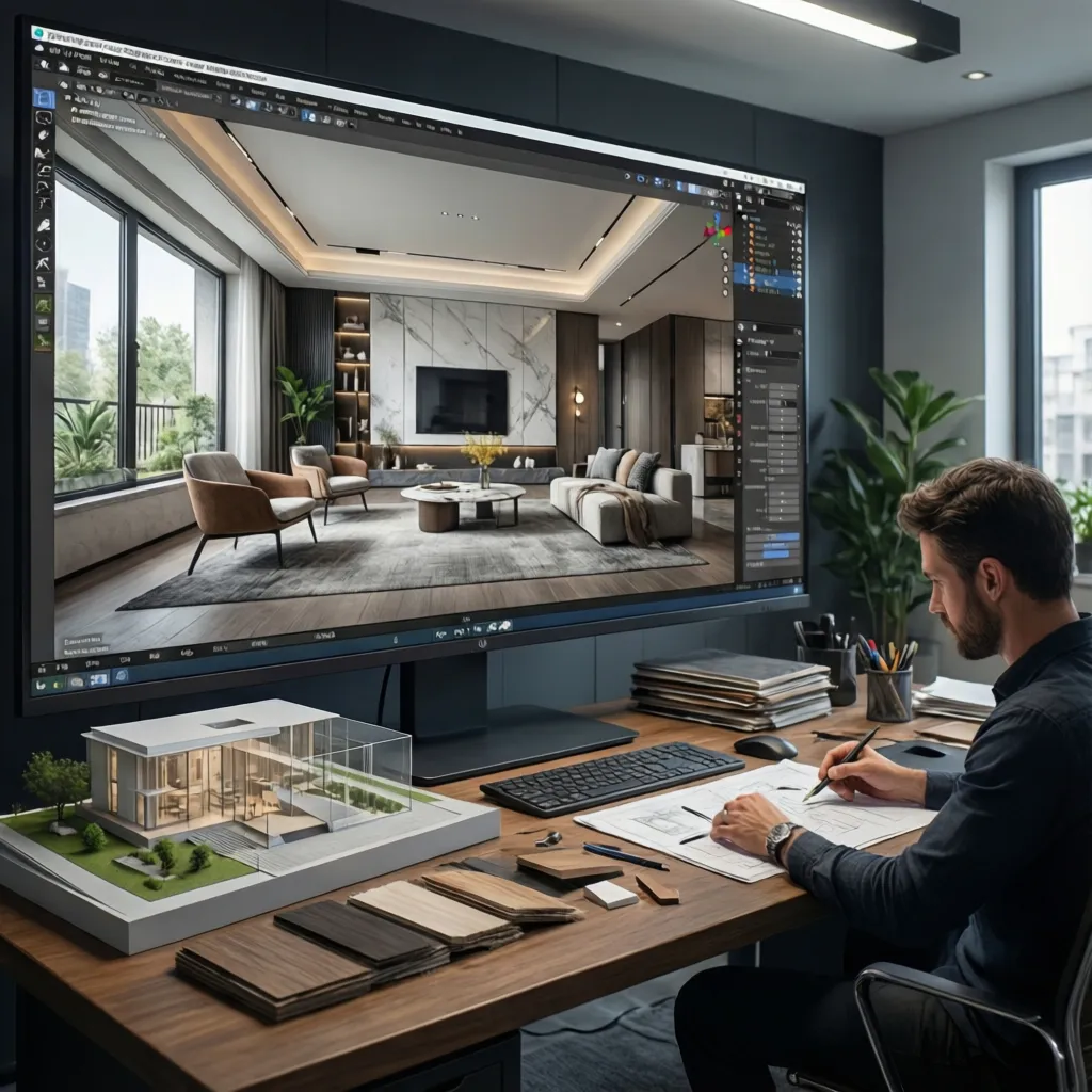 Designer working at desk with interior design drawing on large monitor, physical model, and sketches