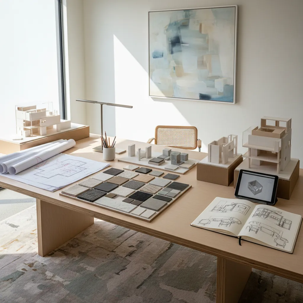 Interior design workspace featuring building models floor plans material samples and tablet showing room layout