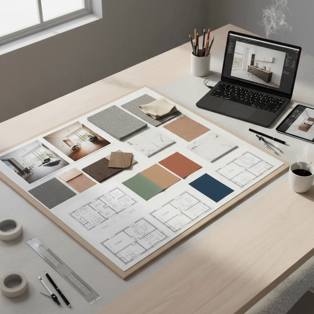 Creative workspace with laptop tablet material samples room layout drawings and coffee on wooden desk
