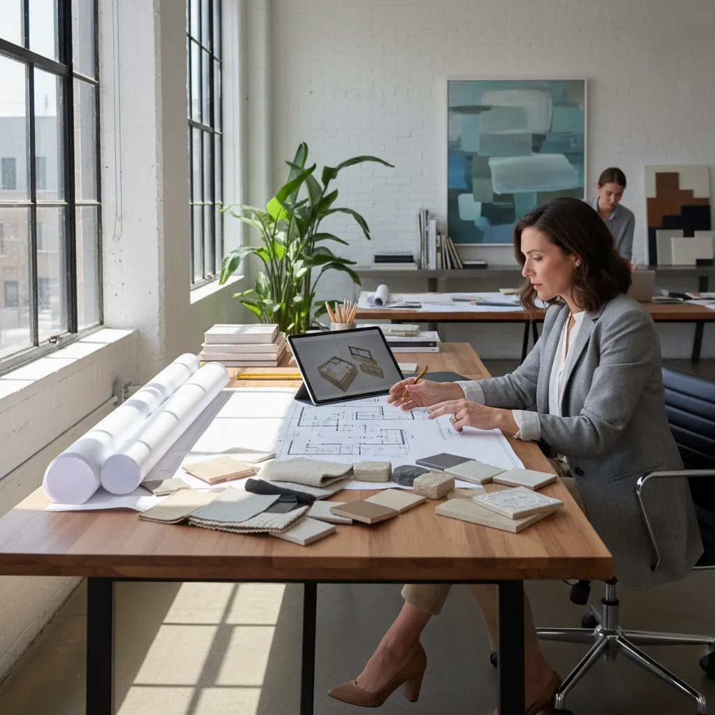 Interior designer working on floor plan with material samples and a tablet in bright office