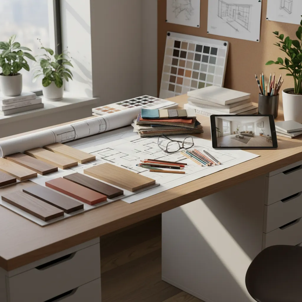 Interior design workspace showing paper floor plans, wood material samples, fabric swatches, and a tablet