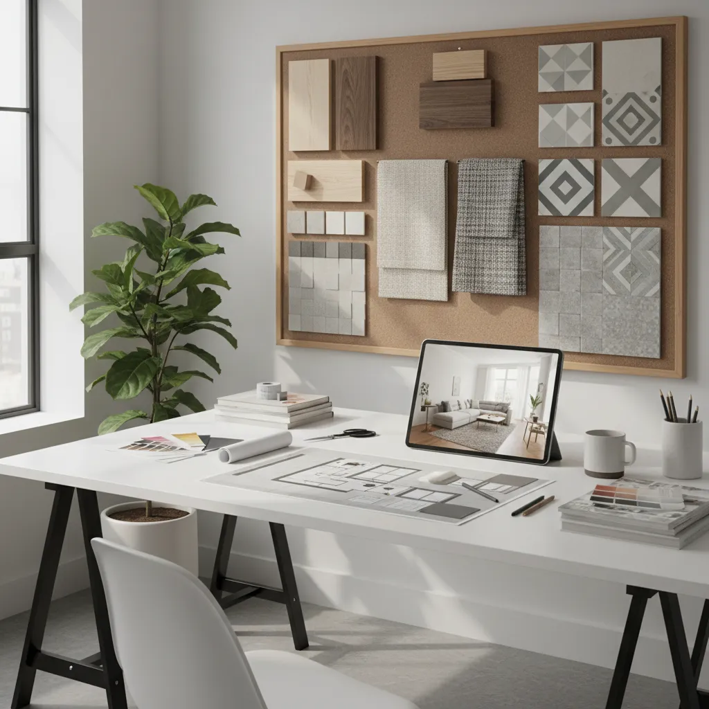 Proceso de diseño interior mostrando moodboard, materiales y render 3D