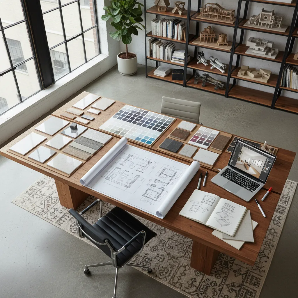 Diseñador trabajando con planos y muestras de materiales en una mesa de proyecto