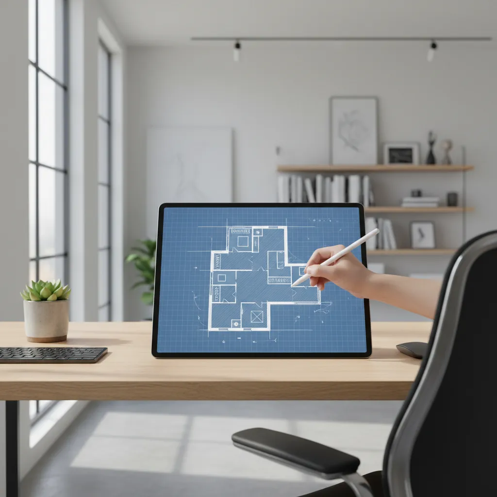 Person using white pen to draw house floor plan on digital tablet screen in bright office
